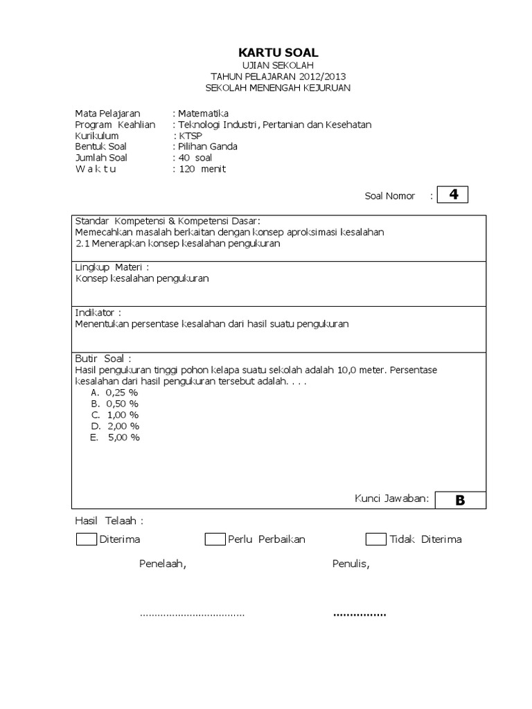 Contoh Kartu Soal Matematika Teknik