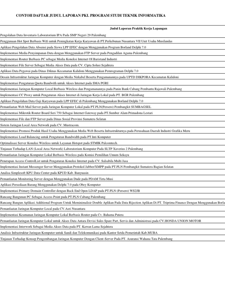 Contoh Daftar Judul Laporan Pkl