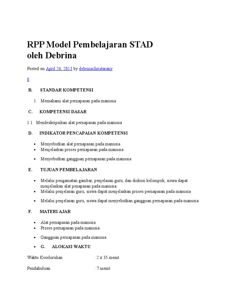 RPP Pembelajaran Kooperatif Model STAD | PDF