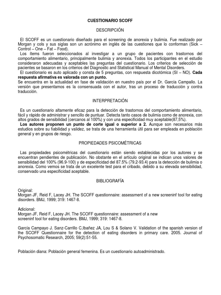 Cuestionario SCOFF | Anorexia nerviosa | Bulimia nerviosa