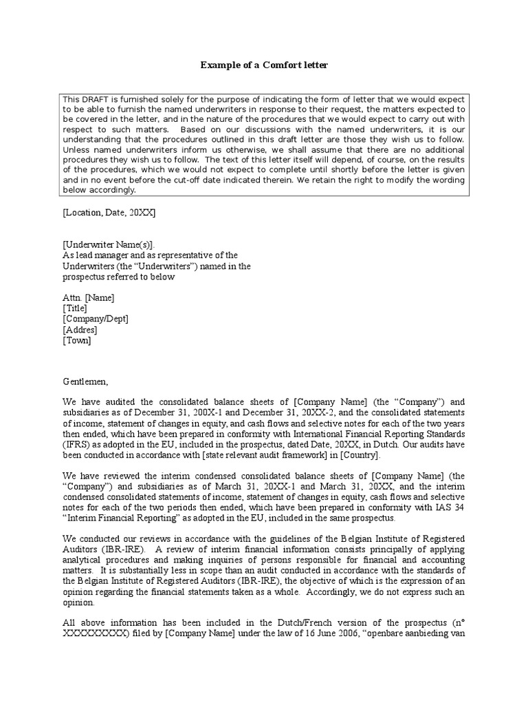 Example of a Comfort Letter Financial Statement International