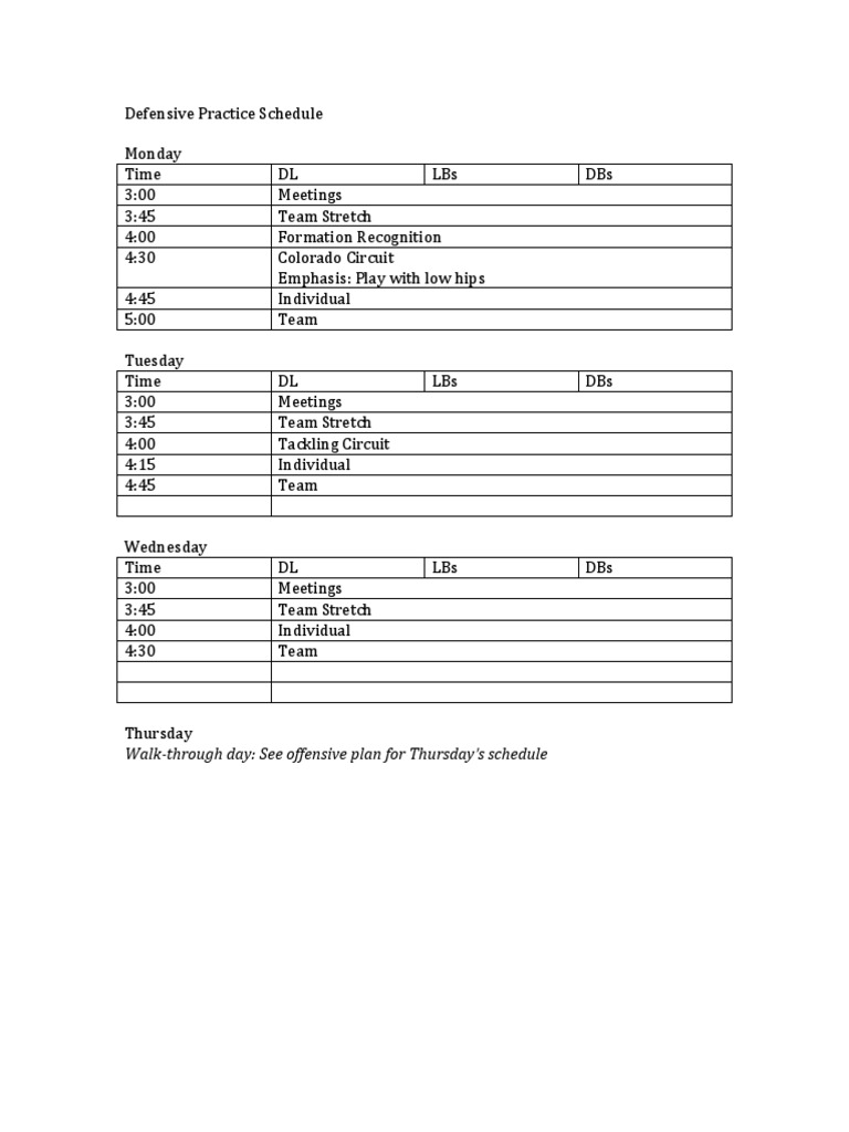 Defensive Football Practice Schedule | PDF