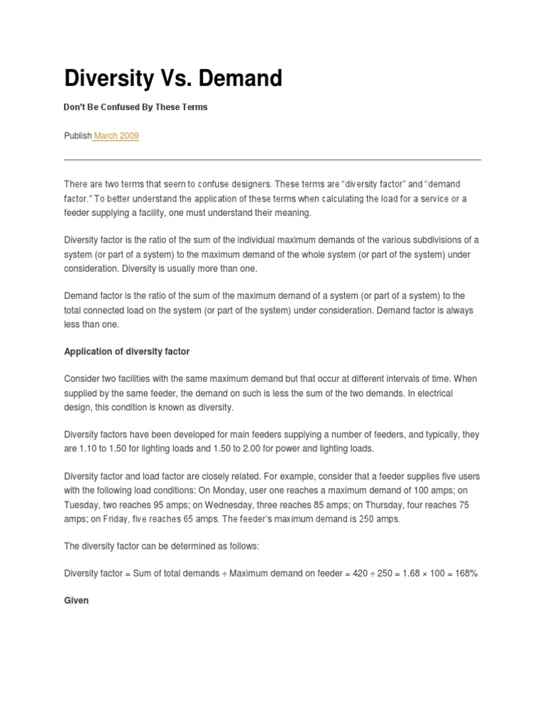 Diversity vs Demand Factor Manufactured Goods Power (Physics)