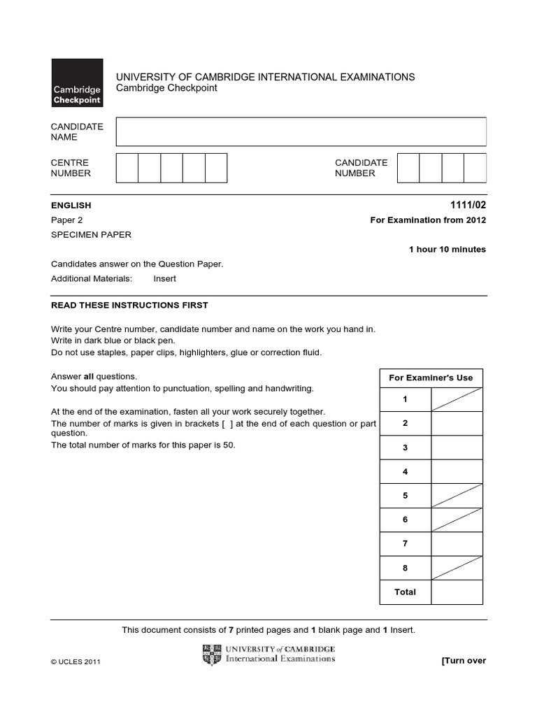 English Specimen Paper 2 2012 Writing Languages