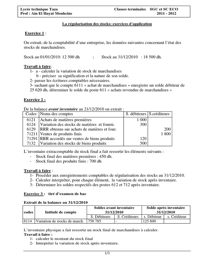 Régularisation Des Charges Et Produits Exercices Corrigés Pdf Travaux Dirigés 3 La Régularisation Des Stocks Exercices D'application 2ème  Bac Sciences Economiques | PDF | Organisation commerciale mondiale |  Inventaire