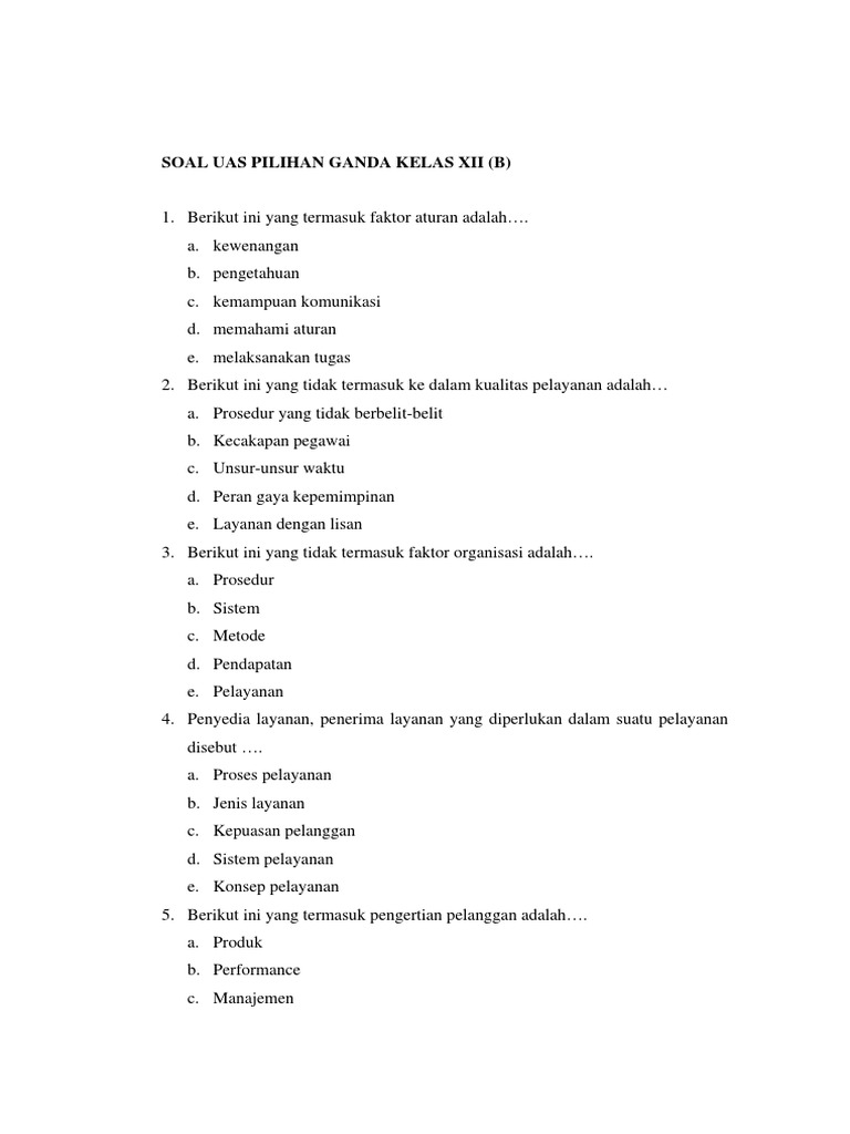 Soal Uas Pilihan Ganda Kelas Xii
