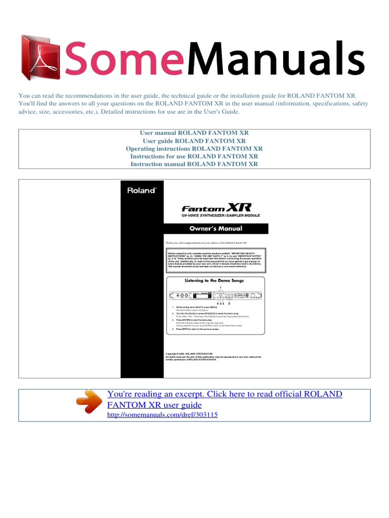 User Manual Roland Fantom Xr E Synthesizer Computer File