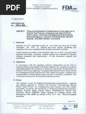 FDA Circular 2014-009 - Filling and Submision of Application for the Approval of Clinical Trial, Protocol, Compassionate Special Permit (CSP) Import Permit for Investigational Drug Products