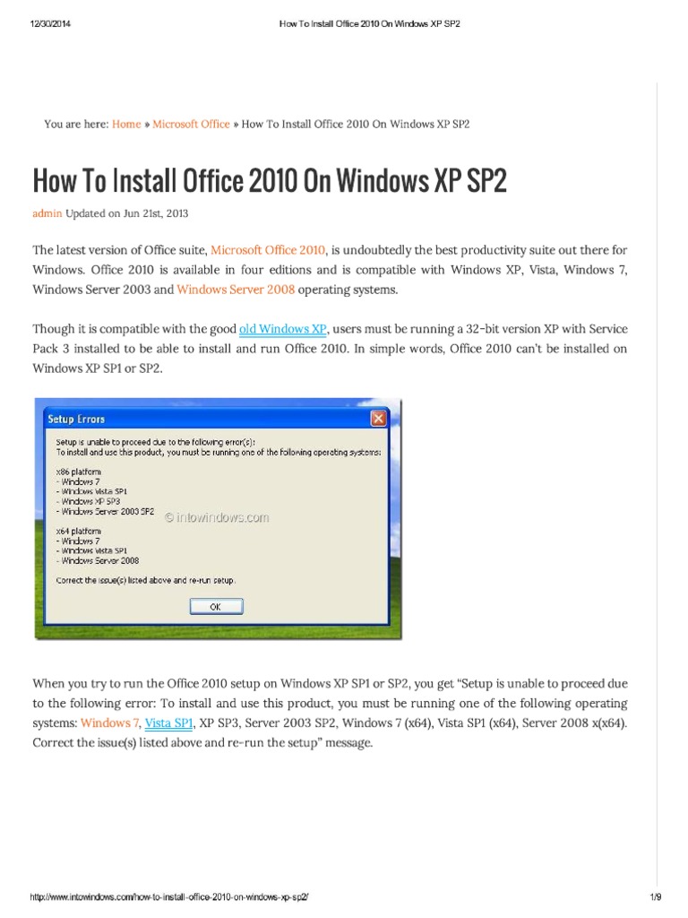 How To Install Office 2010 On Windows XP SP2 | PDF