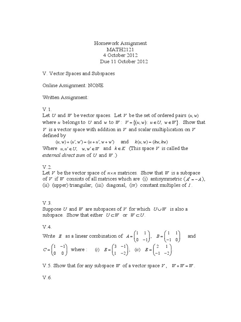 Vector Spaces and Subspaces Homework | PDF | Teaching Methods & Materials