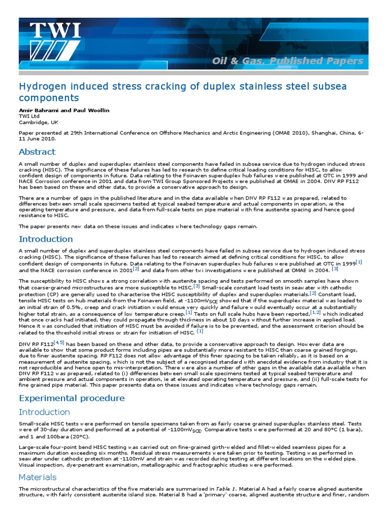 Hydrogen Induced Stress Cracking of Duplex Stainless Steel Subsea ...