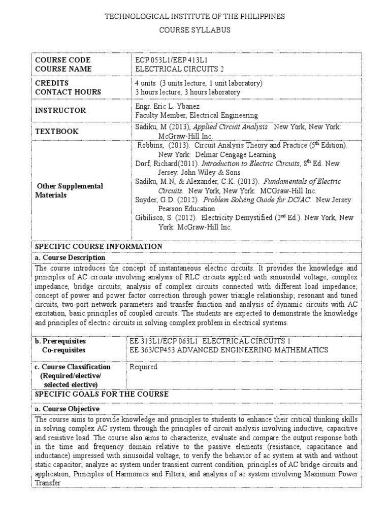 Course Syllabus in Electrical Circuits 2 PDF Electrical Impedance