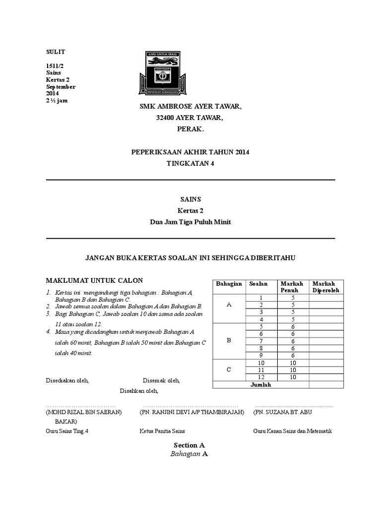 Peperiksaan Akhir Tahun Sains Tingkatan 4 2014 Kertas 2 Pdf