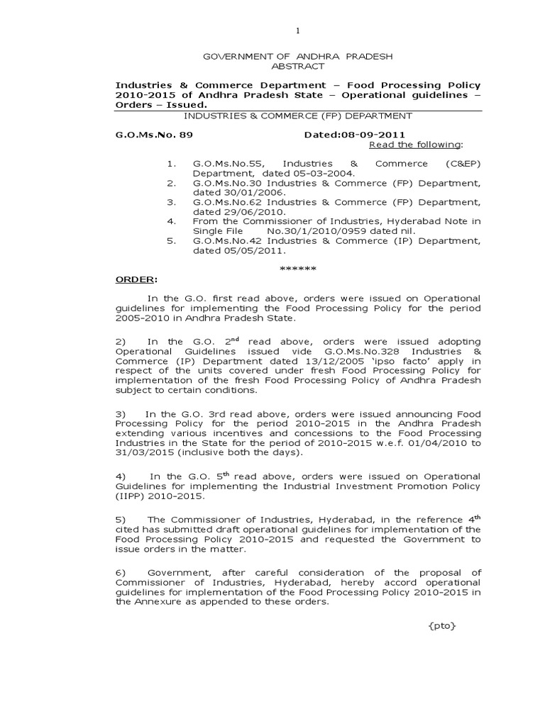Industries & Commerce Department Food Processing Policy 20102015 of