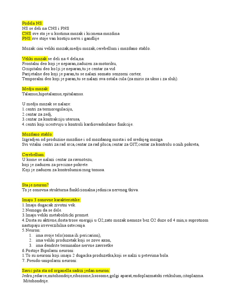 Podela CNS, Neuroni, HEB - Odt | PDF