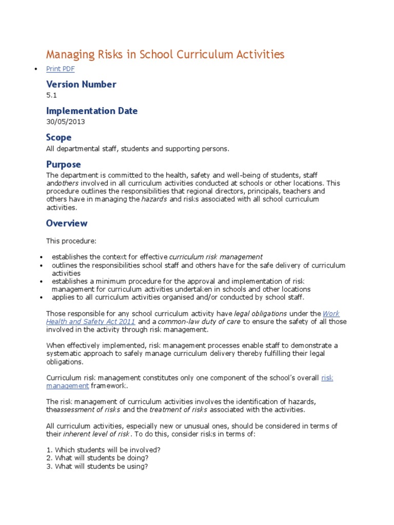 Risk Management in School Activities | PDF | Risk | Occupational Safety ...