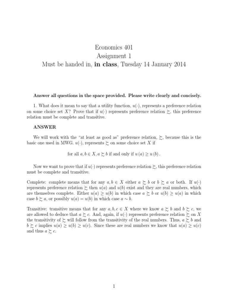 Economics 401 Assignment 1 Must Be Handed In, in Class, Tuesday 14 ...