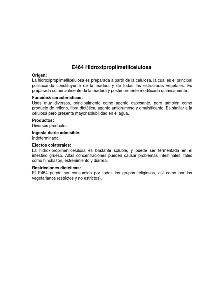 E464 Hidroxipropilmetilcelulosa | PDF | Madera | Fibra dietética