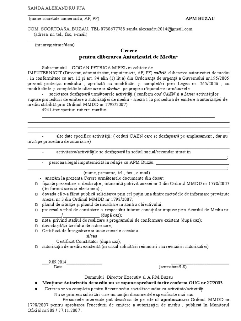 Cerere Autorizare Mediu