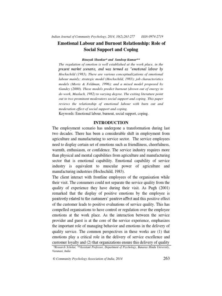 Emotional Labour and Burnout Relationship: Role of Social Support and ...