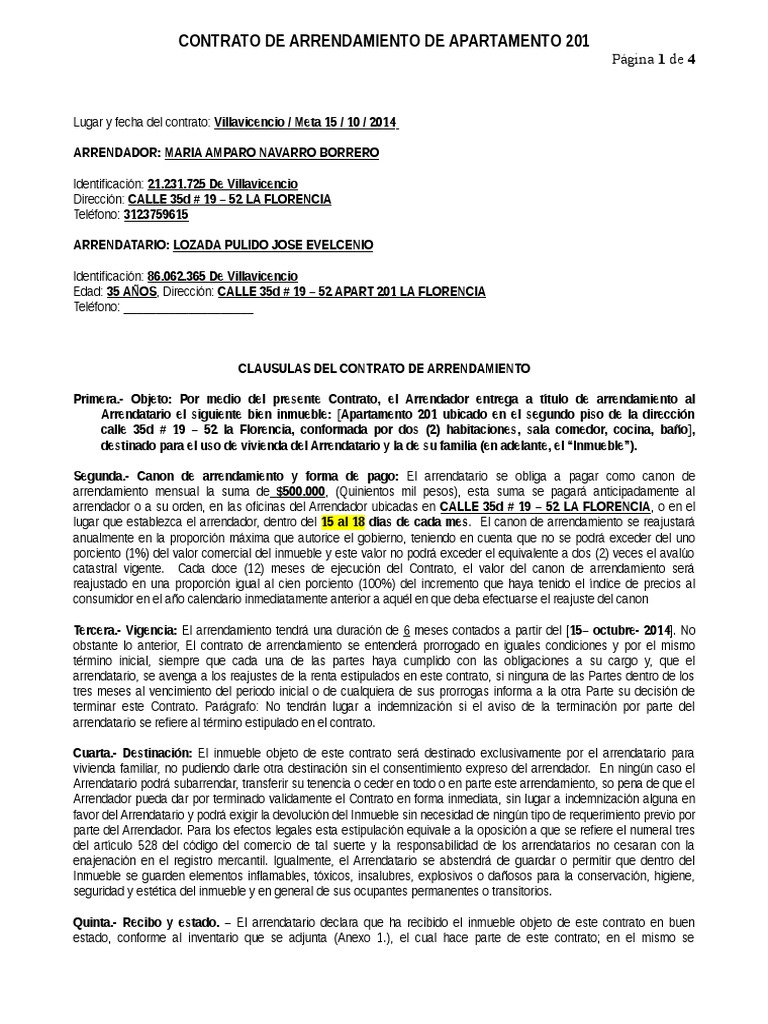 Contrato De Arrendamiento De Apartamento 201 Alquiler Pagos