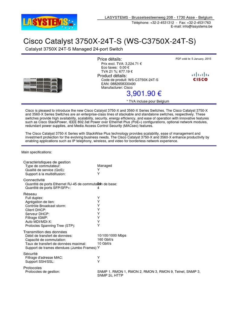 Fiche technique Cisco Catalyst 3750X-24T-S | PDF | Commutateur réseau ...