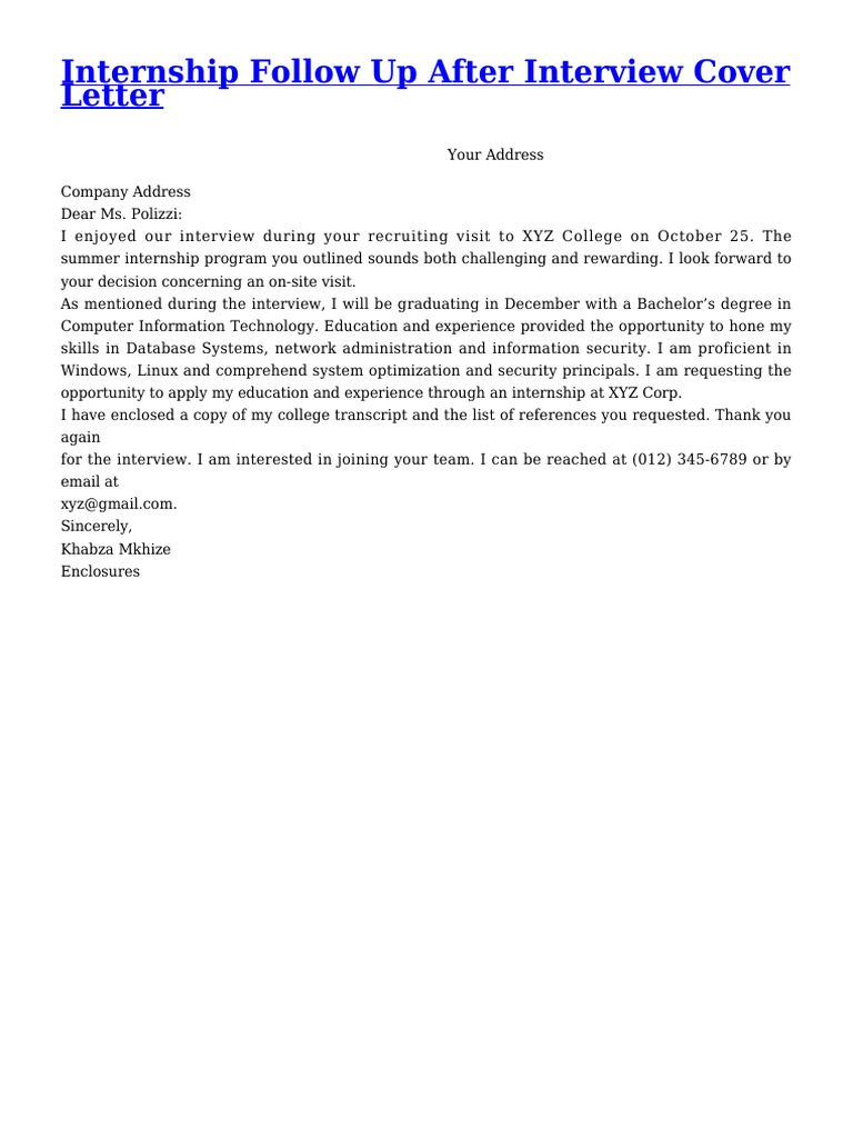 Internship Follow Up After Interview Cover Letter
