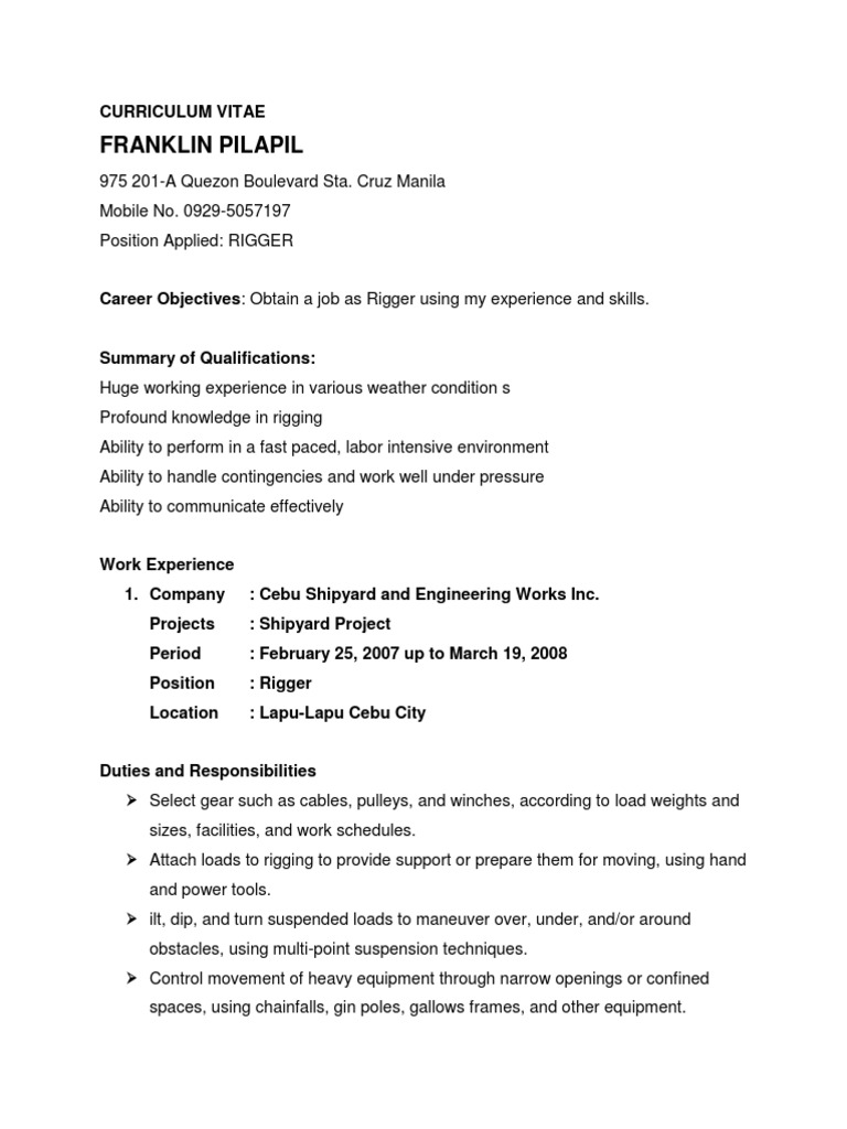 Resume Rigger With Job Description Download Free PDF Crane (Machine) Ships