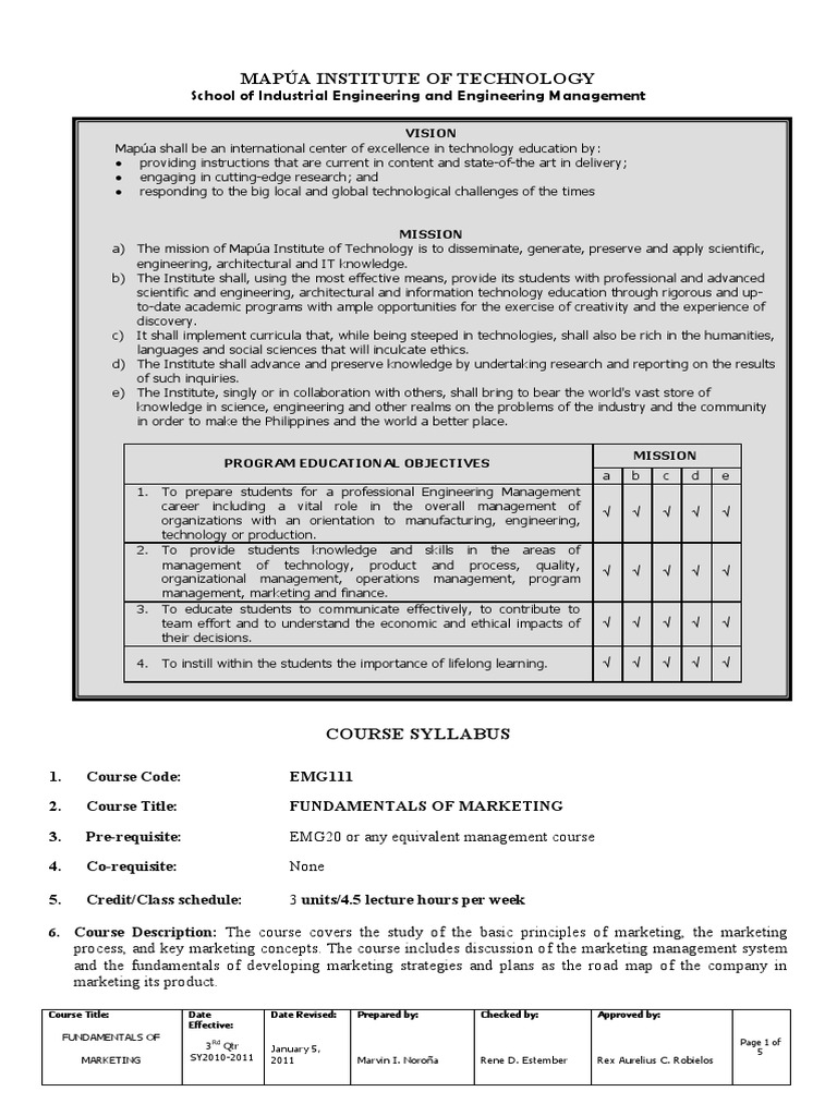 Fundamentals of Marketing Course Syllabus | PDF | Strategic Management ...