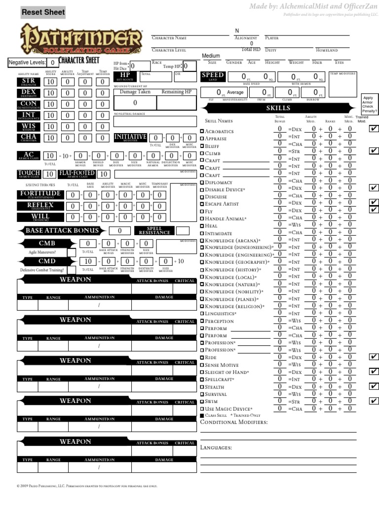 Pathfinder Character Sheet | Role Playing | Tabletop Games