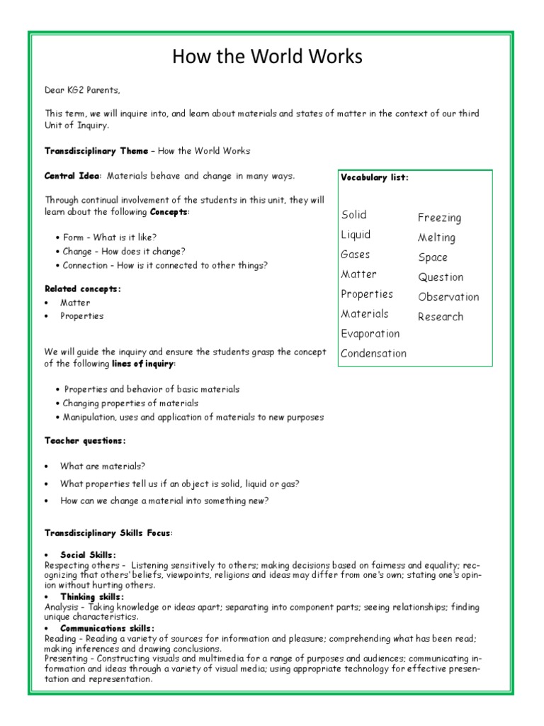 Unit 3 Letter How The World Works kg2 | PDF | Word | Inquiry