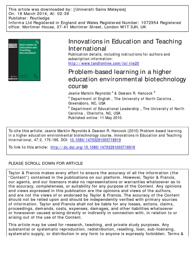 Problem Based Learning in A Higher Education Environmental ...