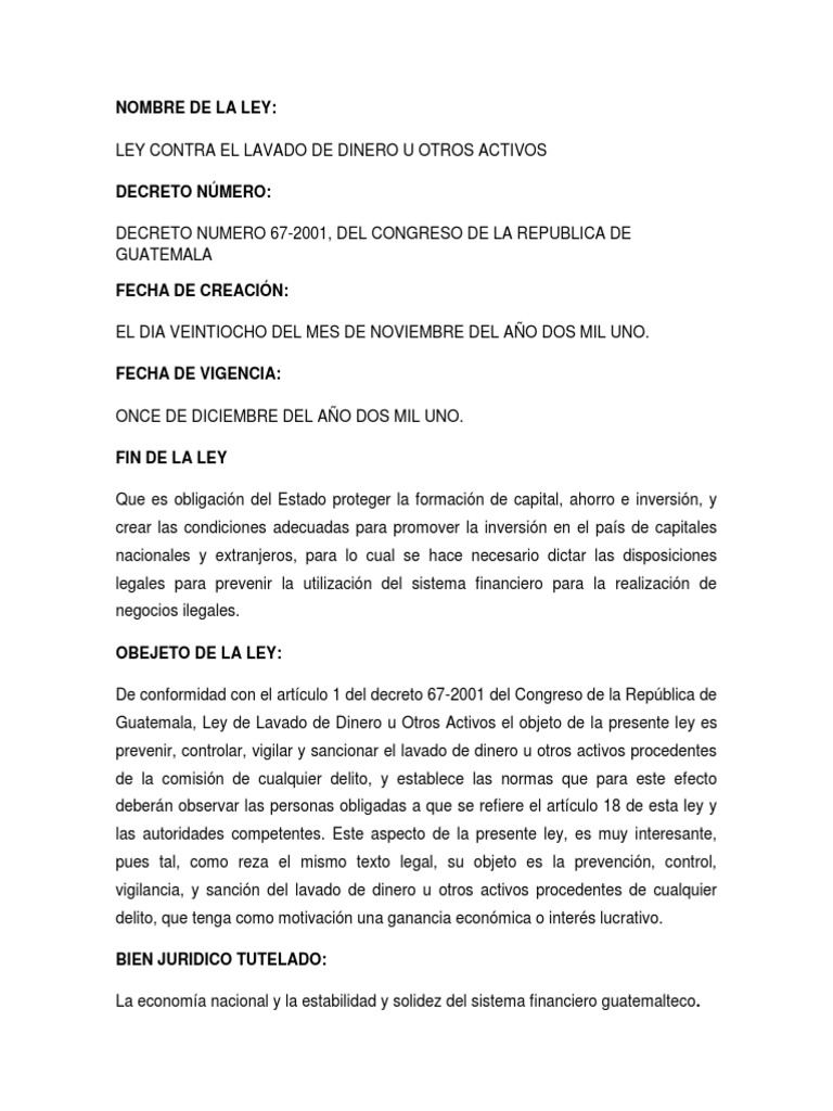Ley Contra el Lavado de Dinero en Guatemala | PDF | Lavado de dinero ...