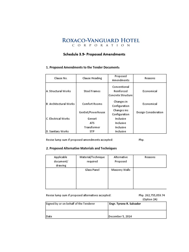 Proposed Amendments to Tender Documents | PDF