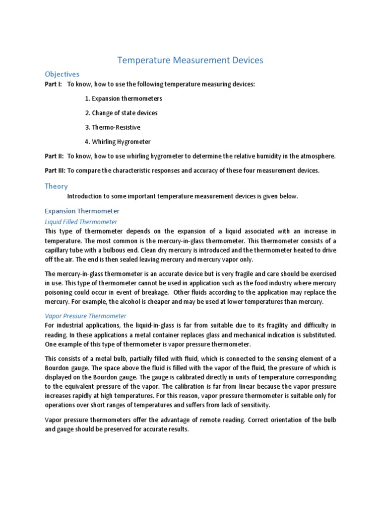Temperature Measuring Devices Experiment | PDF | Thermometer ...