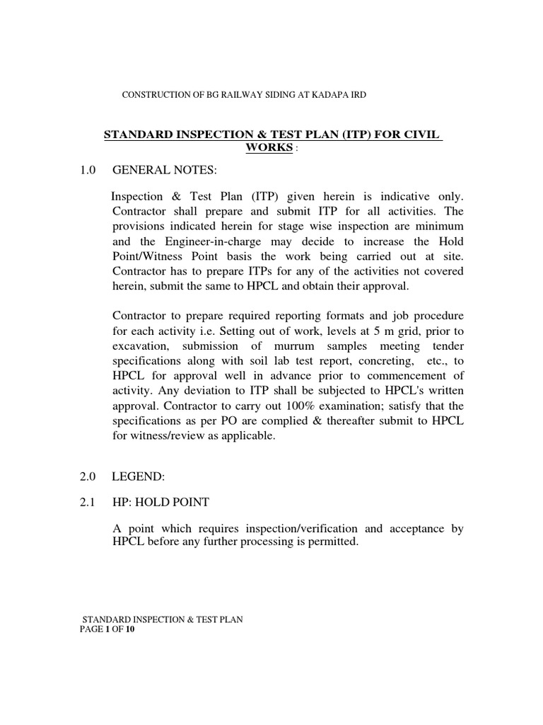 ITP for Civil Works in Railway Siding | PDF | Specification (Technical ...