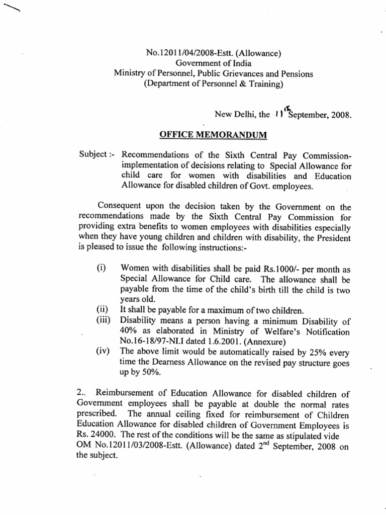Special Allowance To Woman Disabled PDF Disability Government