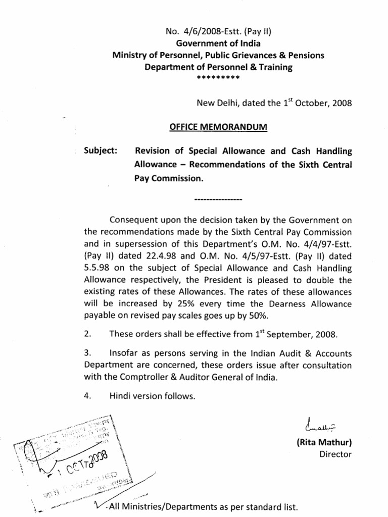 CASH HANDLING ALLOWANCE Government Of India Politics Of India