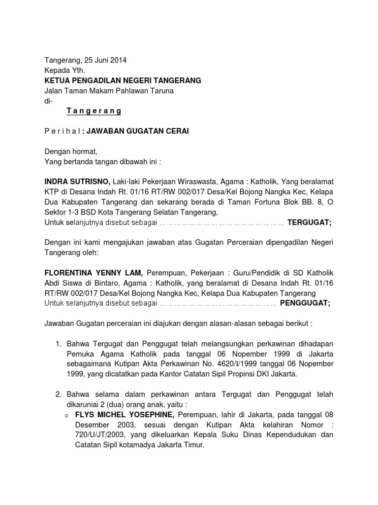 Contoh Surat Cerai Dari Pengadilan Negeri