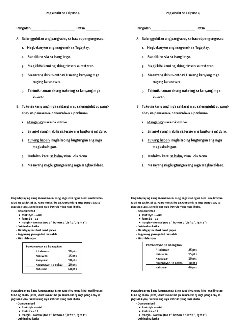 Pagsusulit Sa Filipino 4  PDF