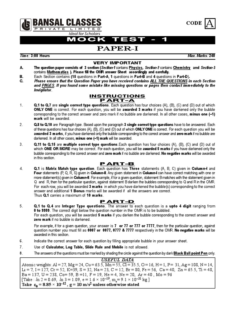 Mock Test 1 Paper 1 With Solution 2014 | PDF | Lens (Optics) | Chemistry