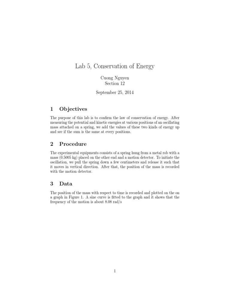 Conservation of Energy Lab Report Energy Mass