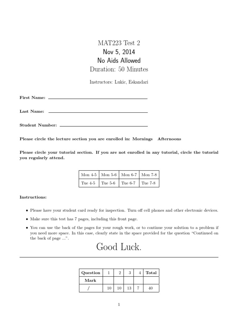 MAT223 Test 2 Instructions and Questions | PDF | Mathematical Analysis ...