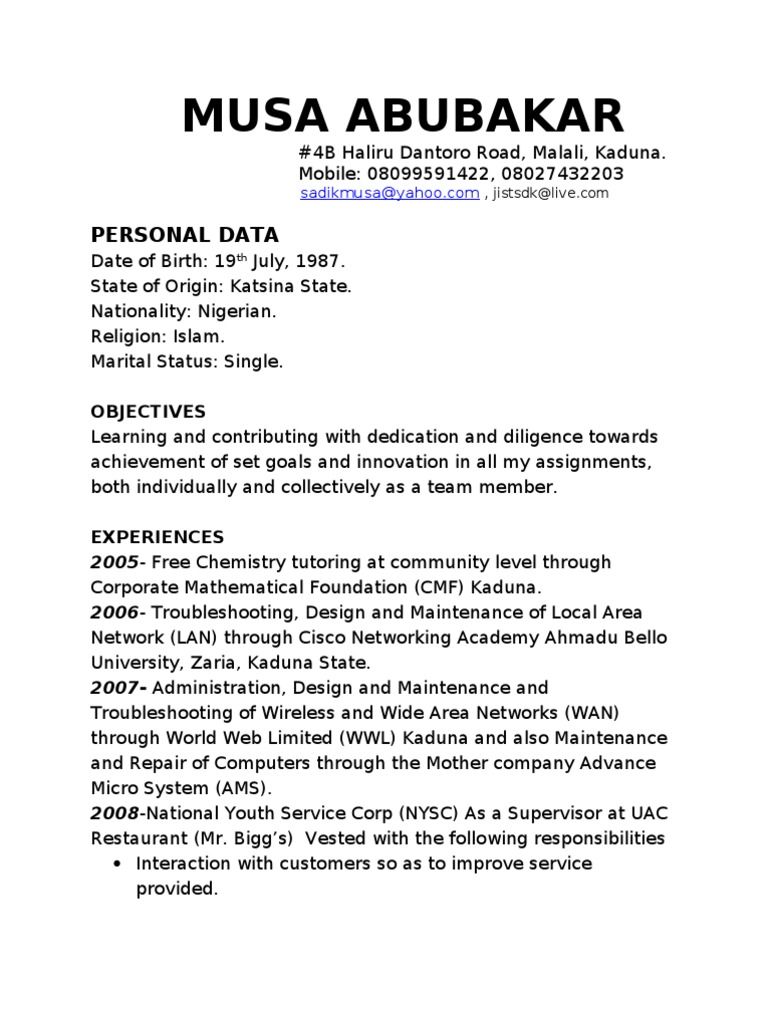 Musa Abubakar's Resume: Networking & Chemistry Expertise | PDF | Cisco ...