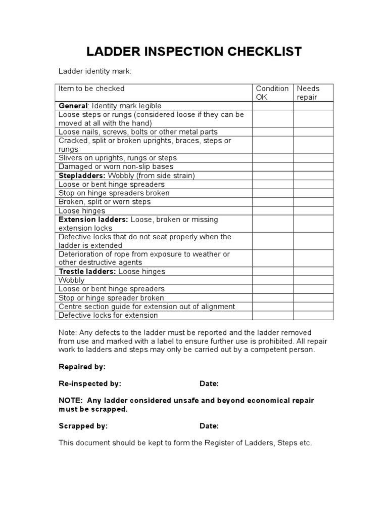 Osha Ladder Safety Inspection Checklist