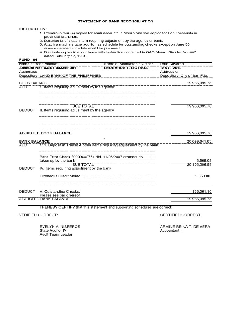 Bank Reconciliation Statement 2012 | PDF | Cheque | Deposit Account