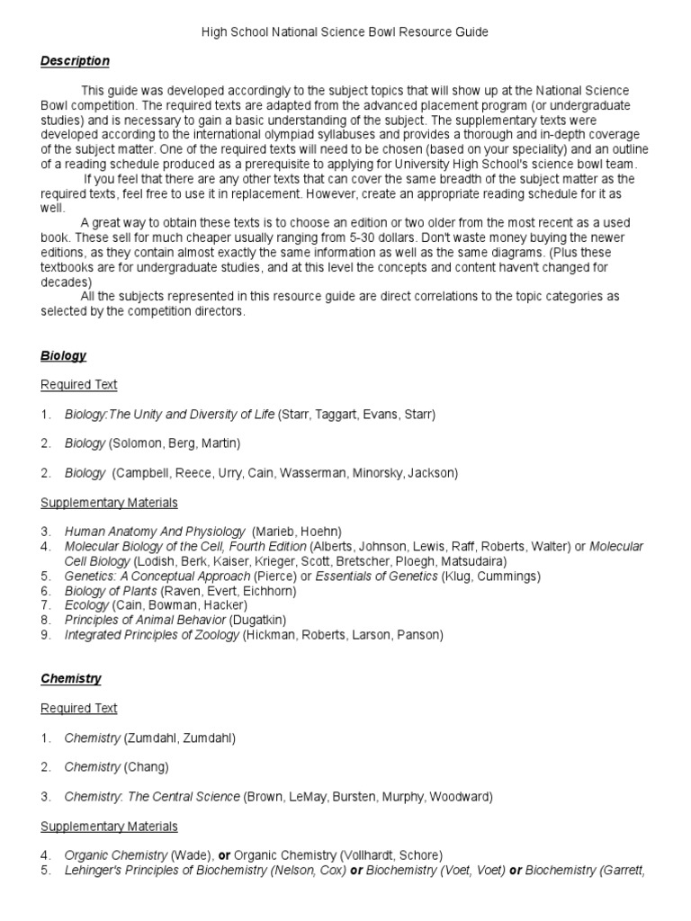 Science Bowl Resource Guide PDF Biology Natural Sciences
