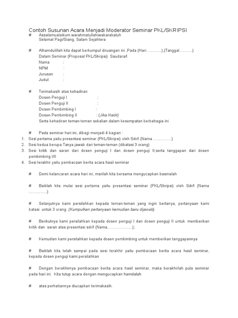 Contoh Susunan Acara Menjadi Moderator Seminar Pkl Skripsi