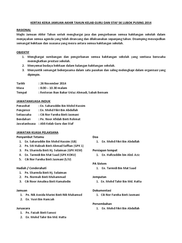 kertas kerja jamuan akhir tahun kelab guru