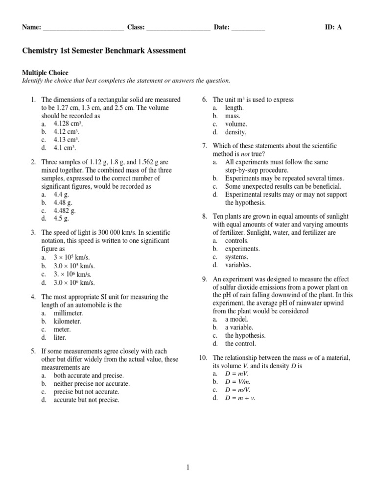 Examview Chemistry 1st Semester Assessment W O Anws Radioactive Decay Nuclear Physics